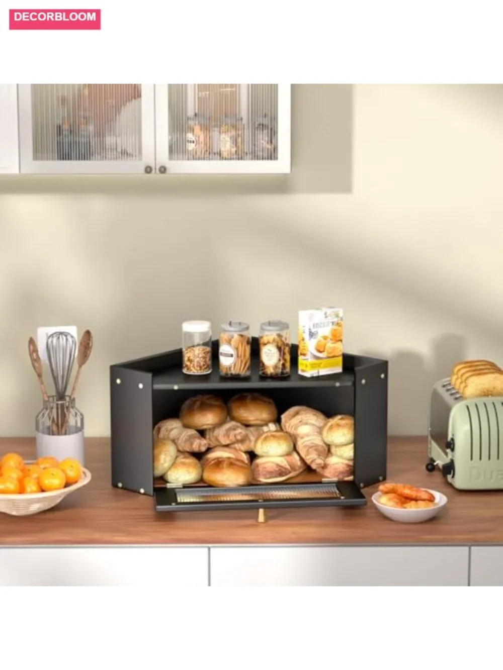 Vintage Bamboo Bread Box with Acrylic Window, Farmhouse Kitchen Counter